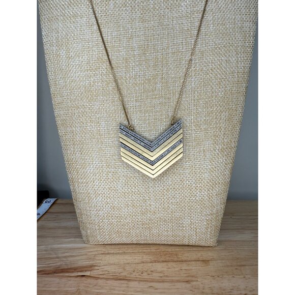 Madewell Chevron Pendant Long Necklace Gold & Silver-Tone Mixed Metal With Rhine - Picture 11 of 12